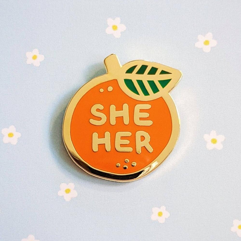 Pronoun Orange Pin - she/her
