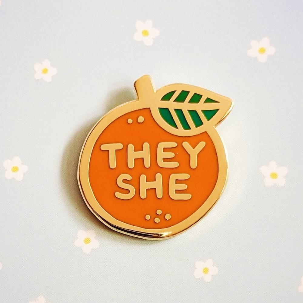 Pronoun Orange Pin - they/she