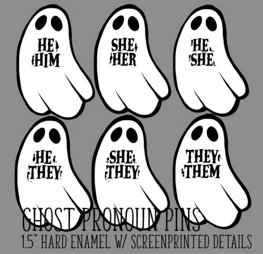 Ghost Pronouns Pin: He/She