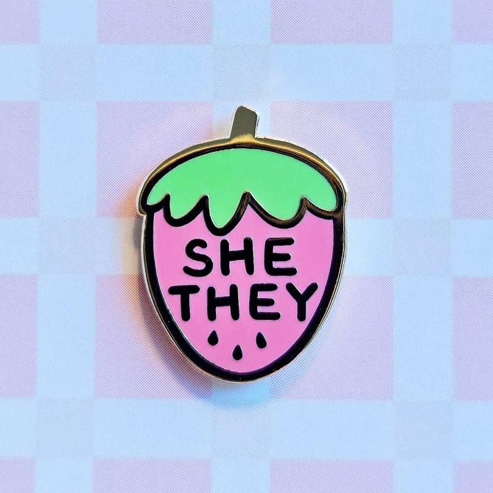 PRONOUN STRAWBERRY PIN - SHE/THEY